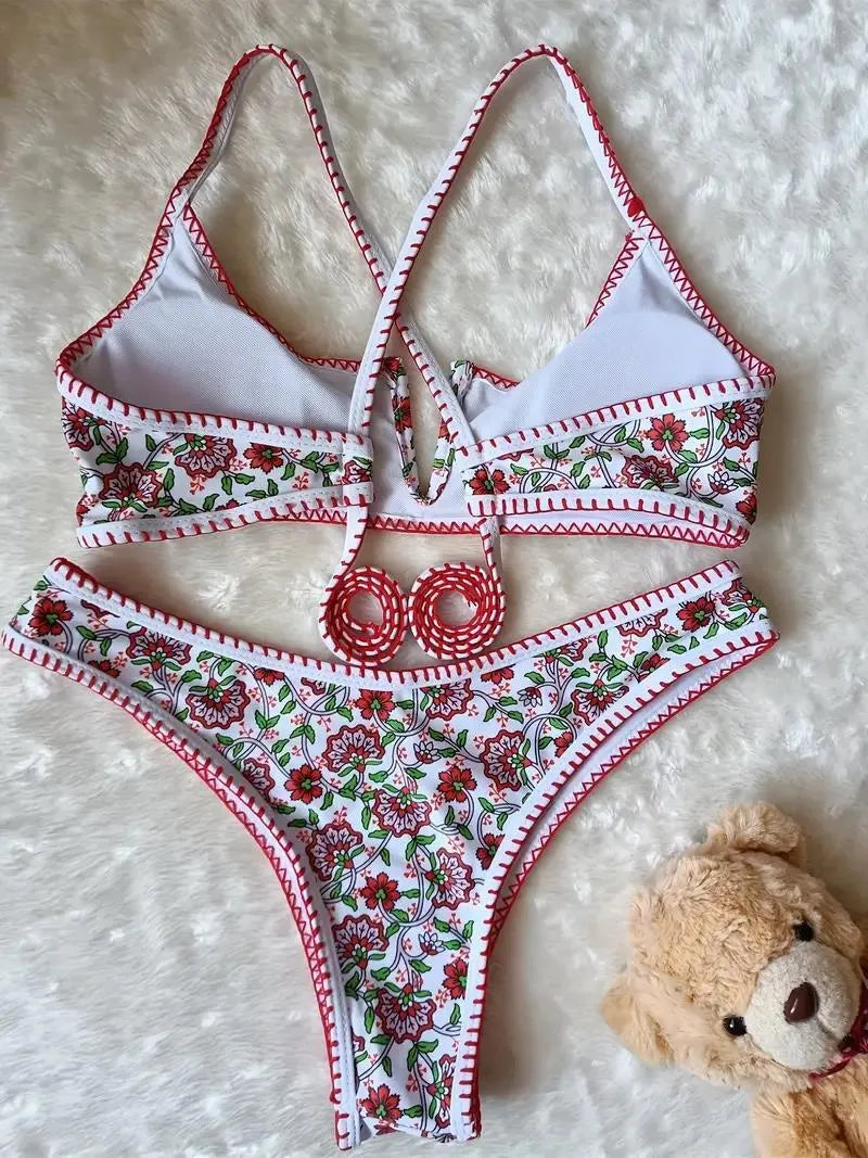 Women's floral print swimsuit with V-neck embroidery detail in European and American style