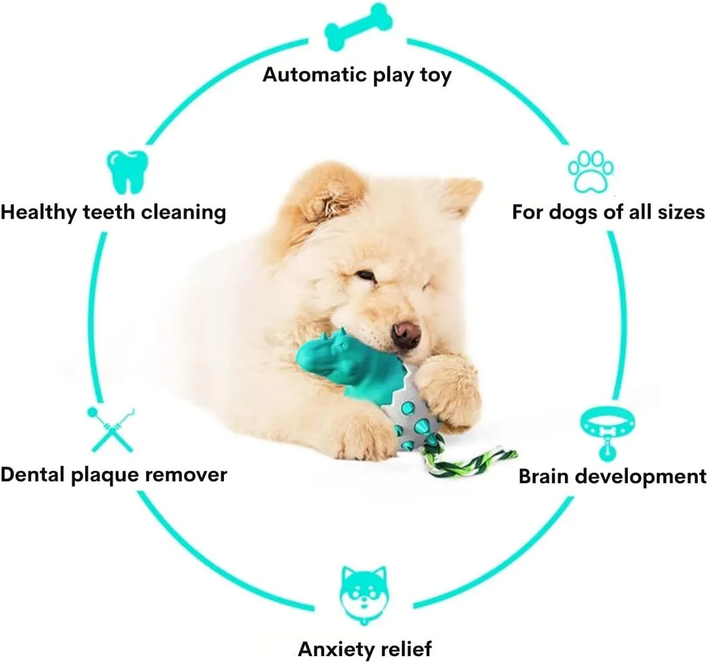 Blue durable rubber dinosaur dog chew toy with rope for aggressive chewers.