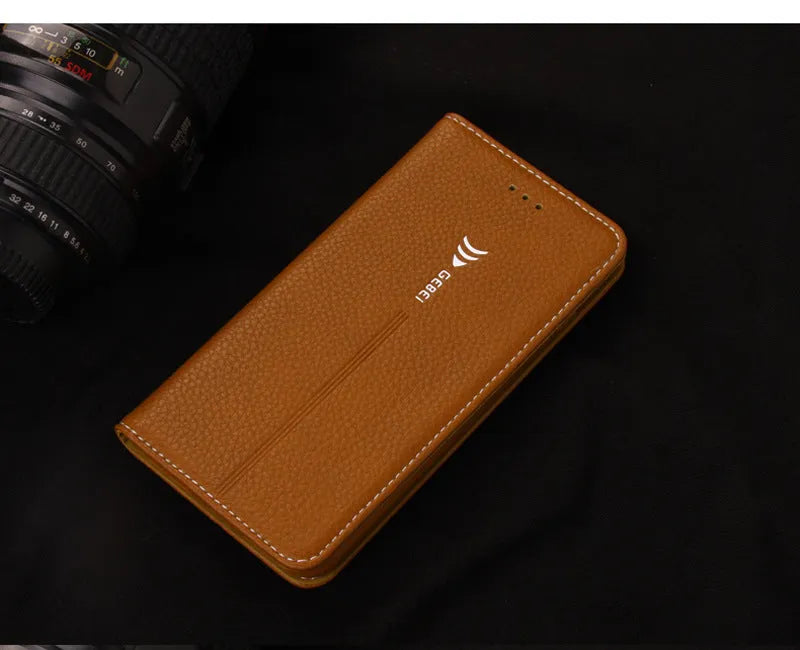 Black PU leather wallet phone case for iPhone with multiple card slots open.