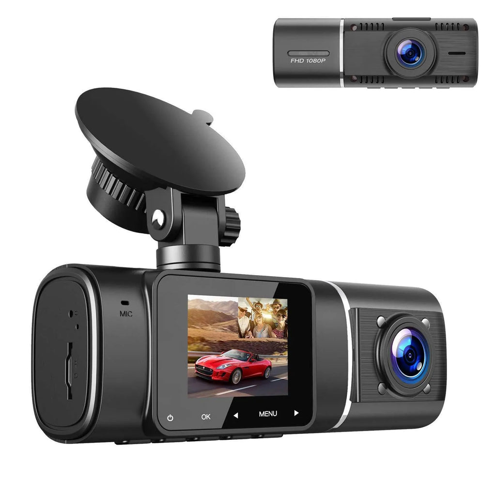 Standard black dual car dash cam on windscreen mount with 1.5-inch screen, showing wide-angle road view.