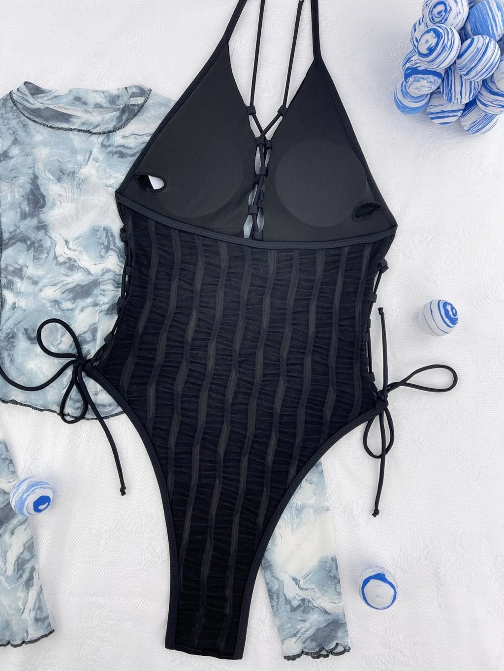 Black solid-colour one-piece swimsuit for women in polyester fabric
