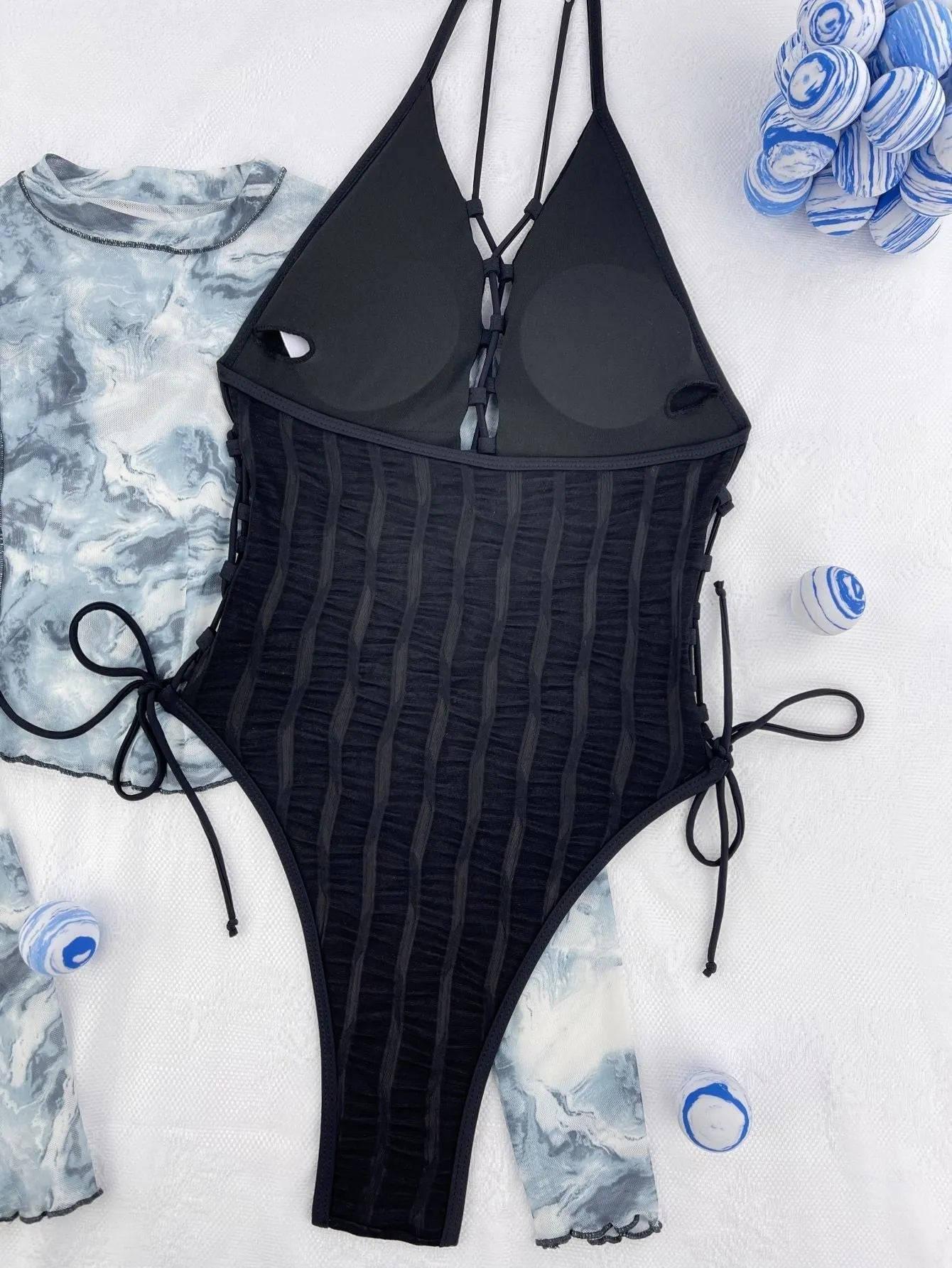 Black solid-colour one-piece swimsuit for women in polyester fabric
