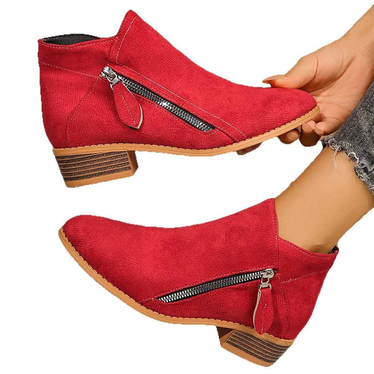 Suede women's ankle boots with side zipper, pointed toe, rubber sole, in black, brown, grey, red, beige, orange, dark blue, sky blue, purplish red.