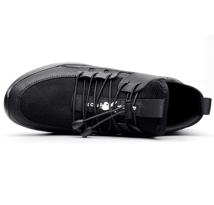 Men's black breathable mesh running shoes with non-slip PU sole, low heel, side view