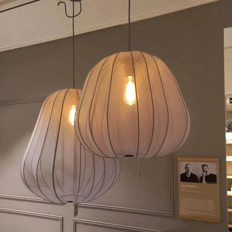 Japanese-style pumpkin-shaped ceiling lamp with net-patterned shade in grey-blue finish.