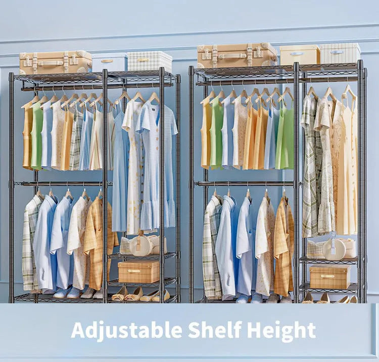 Black metal floor-standing storage rack for clothing organisation.