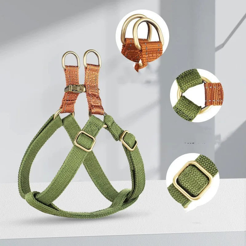 Brown vest-style dog lead with alloy fastener wrapped around a dog's torso.