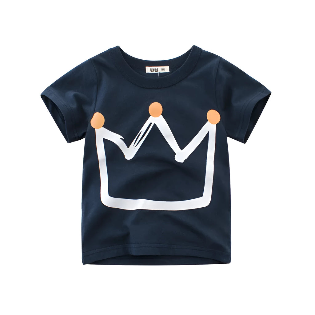 Royal blue short sleeve cotton T-shirt for boys on a size chart showing measurements for 90cm to 140cm.