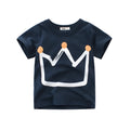 Royal blue short sleeve cotton T-shirt for boys on a size chart showing measurements for 90cm to 140cm.