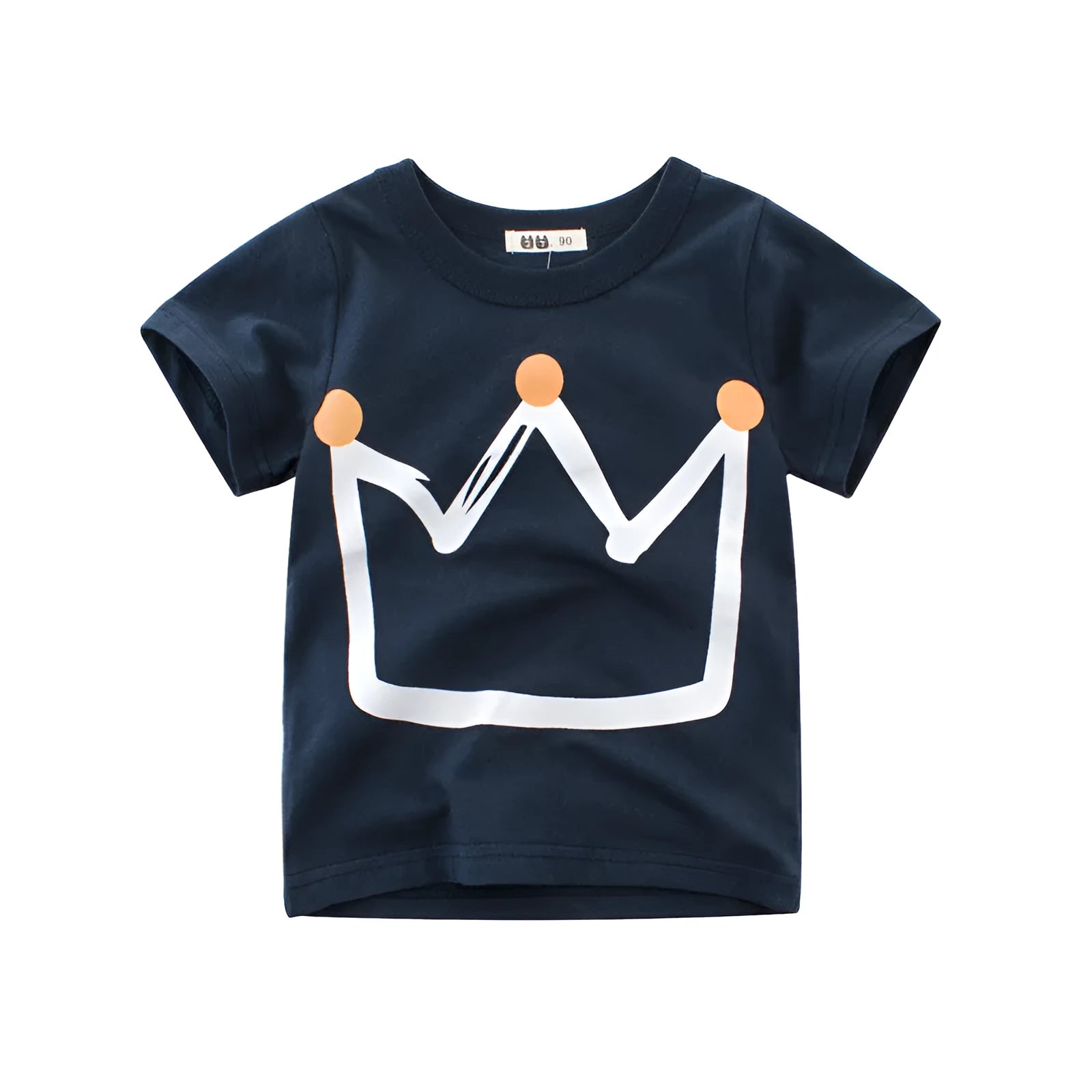 Royal blue short sleeve cotton T-shirt for boys on a size chart showing measurements for 90cm to 140cm.