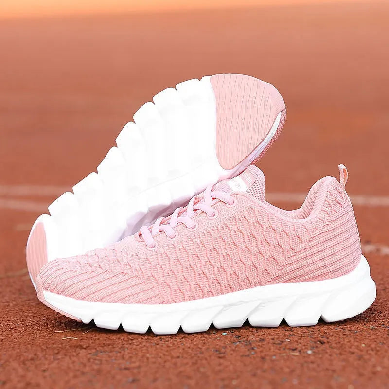 Women's black running shoes with fly weaving upper and wear-resistant outsole.