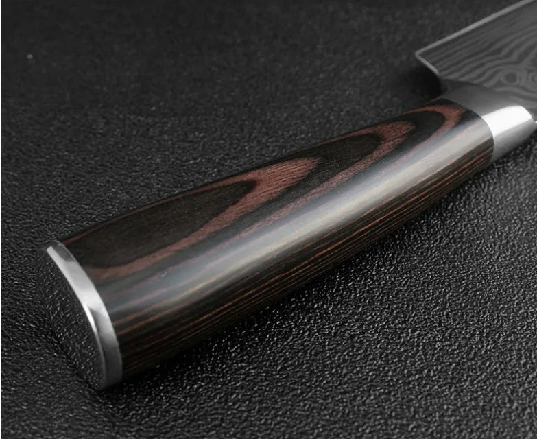 Stainless steel kitchen knife with coloured wood handle and laser Damascus pattern on the blade