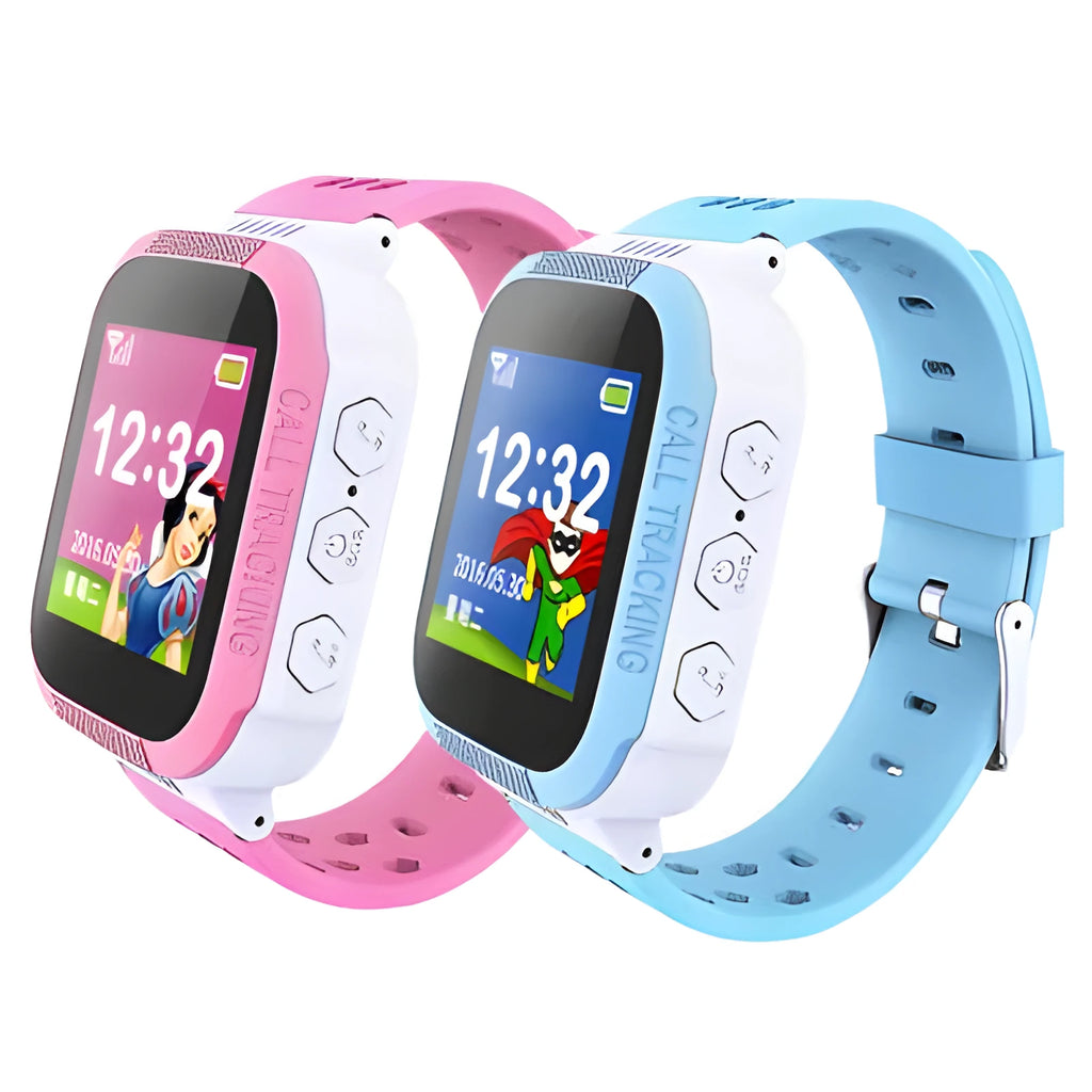 Blue children's phone watch with 1.44 inch IPS touchscreen display showing time interface