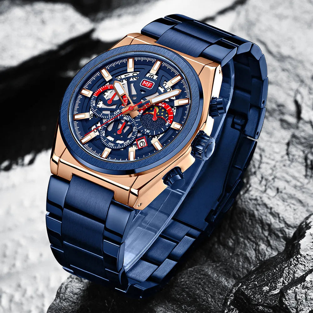 Men's business watch with quartz movement, luminous dial, calendar, 35.5mm diameter, and 30M waterproof rating