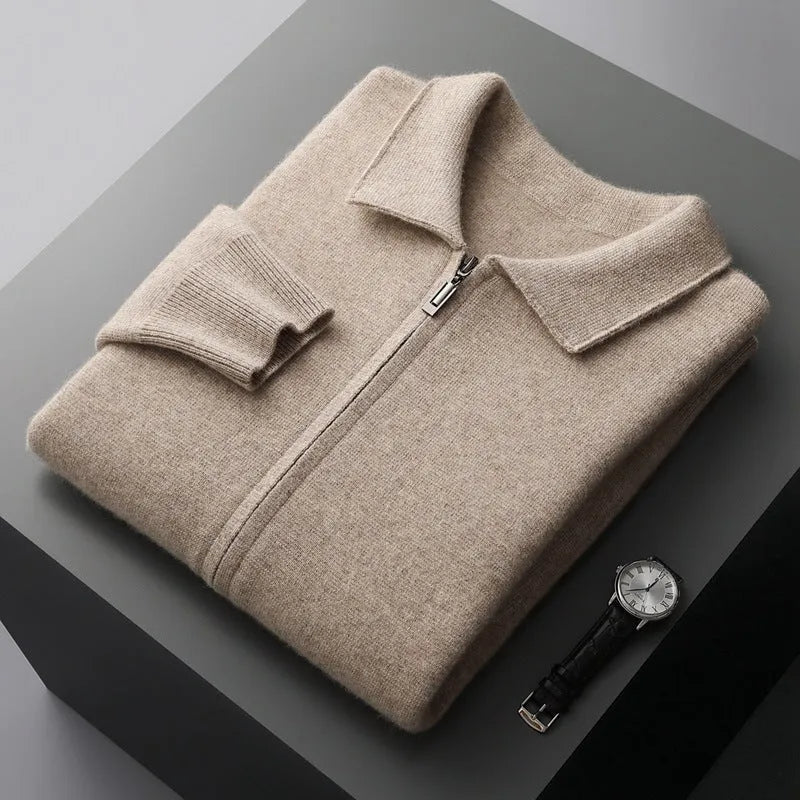 Men's thickened wool knit cardigan suit with loose lapels, long-sleeve top and trousers in camel or purple blue