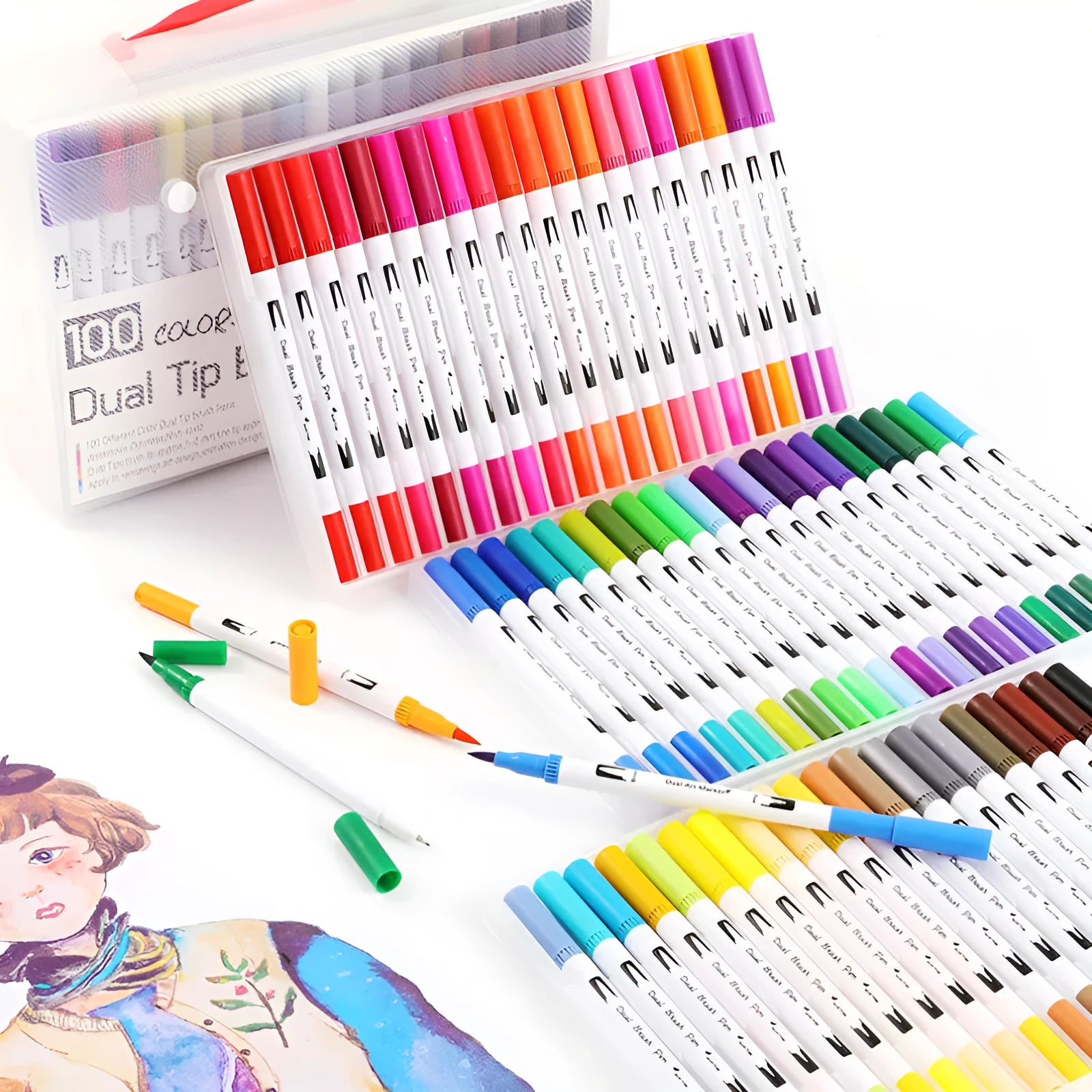 Set of watercolour pens in a case, showing multiple colour options for sketching and calligraphy.