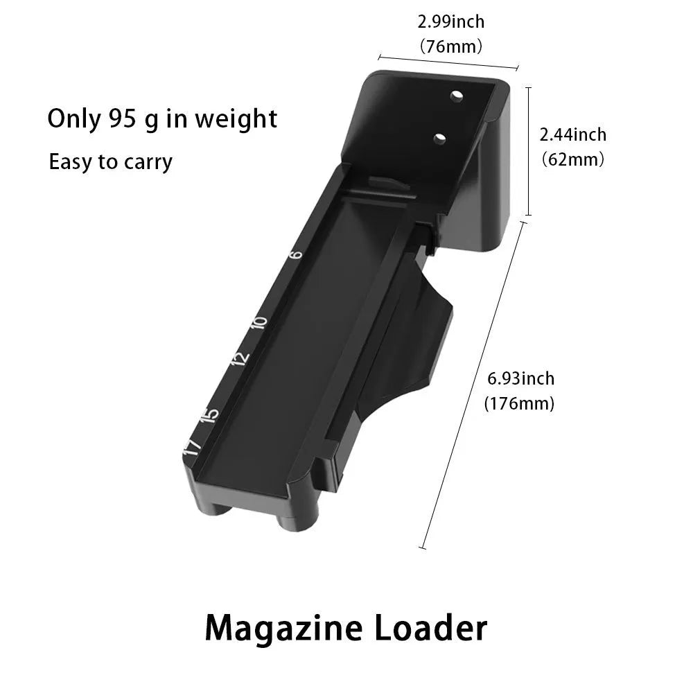 Black plastic universal pistol magazine ramp loader on white background