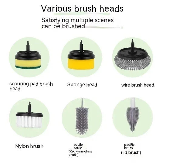 Green electric cleaning brush with three interchangeable scouring pad, brush, and sponge heads on a white background.