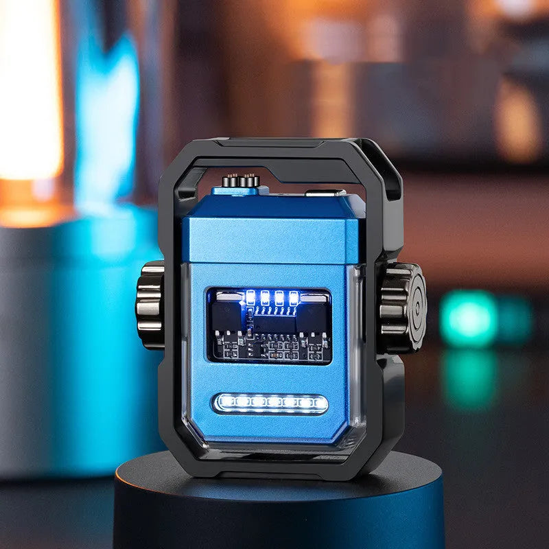Blue zinc alloy electric lighter with a spinning gyroscope and a visible double ignition arc.