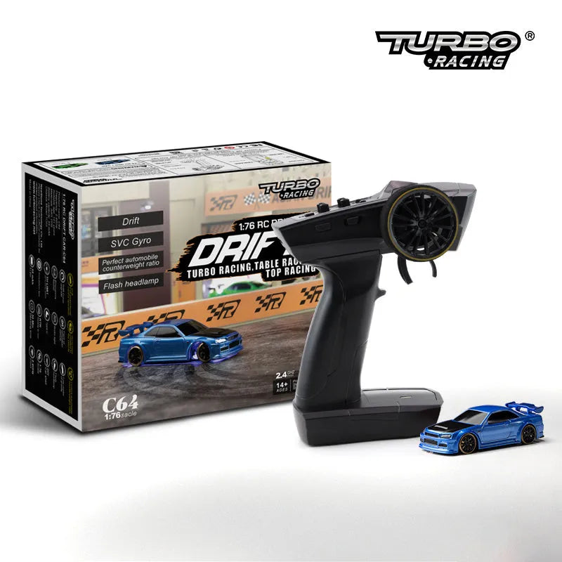 Blue Turbo Racing C64 1:76 scale gyro RC drift car with P21-SVC remote control