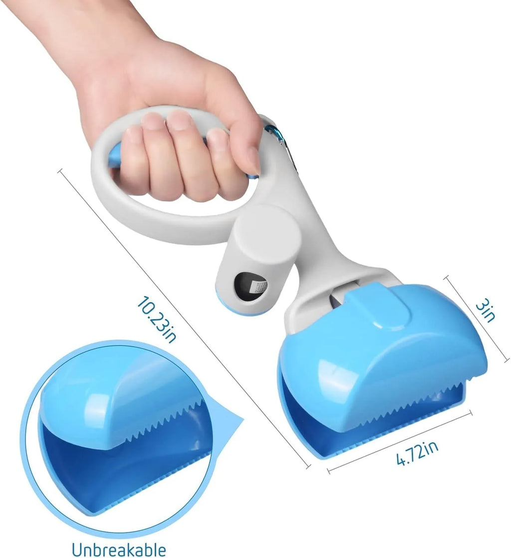 Black ABS plastic pet pooper scooper with built-in bag holder and top hanging hook.