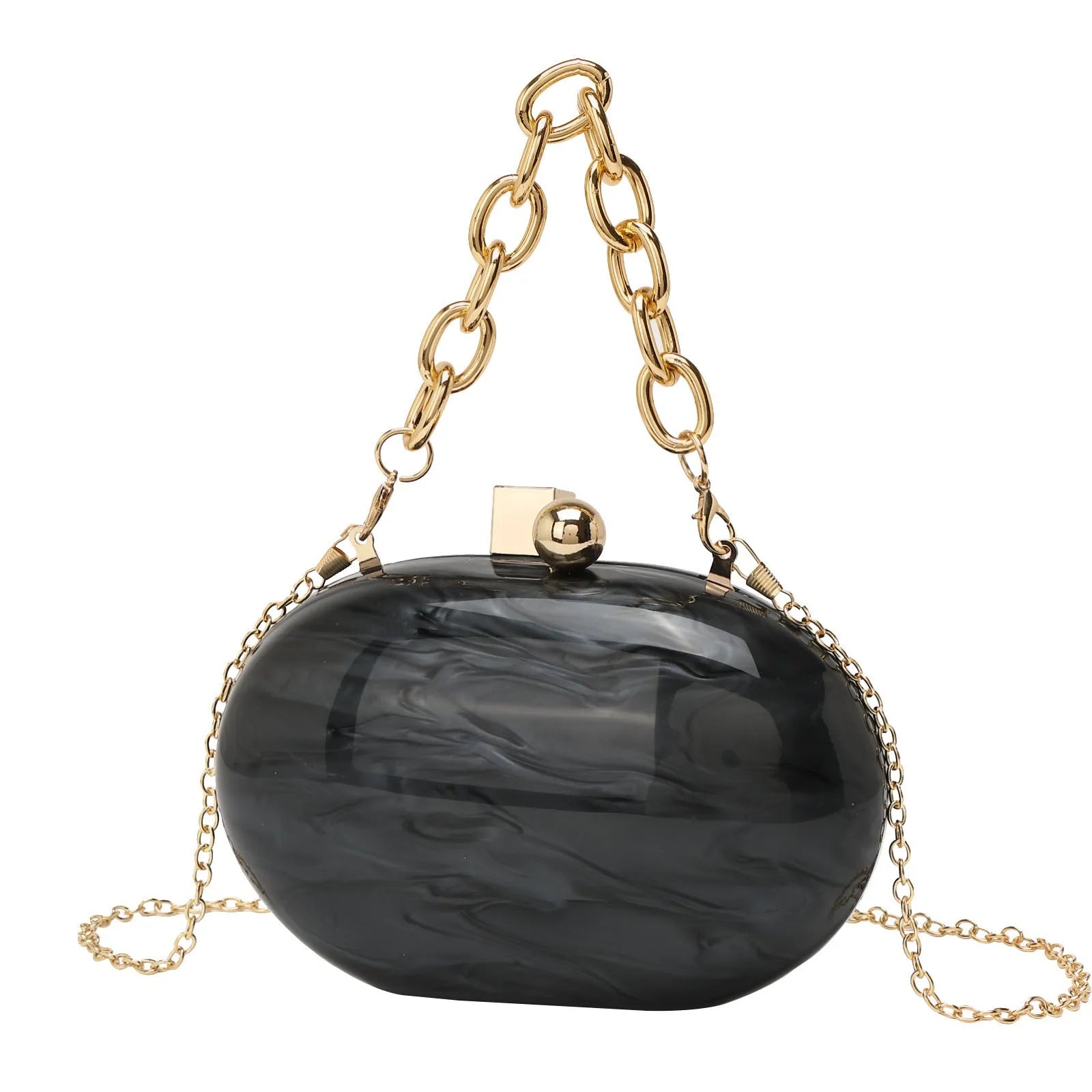 Hard acrylic oval clutch bag with chain strap in a pearlescent colour with phone and file compartments visible.