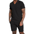 Men's two-piece lapel polo suit in polyester, available in khaki, royal blue, black, white and light grey, sizes M to 3XL.