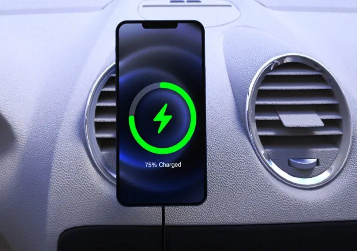 Black magnetic car wireless charging bracket compatible with iPhone and other smartphones on dashboard