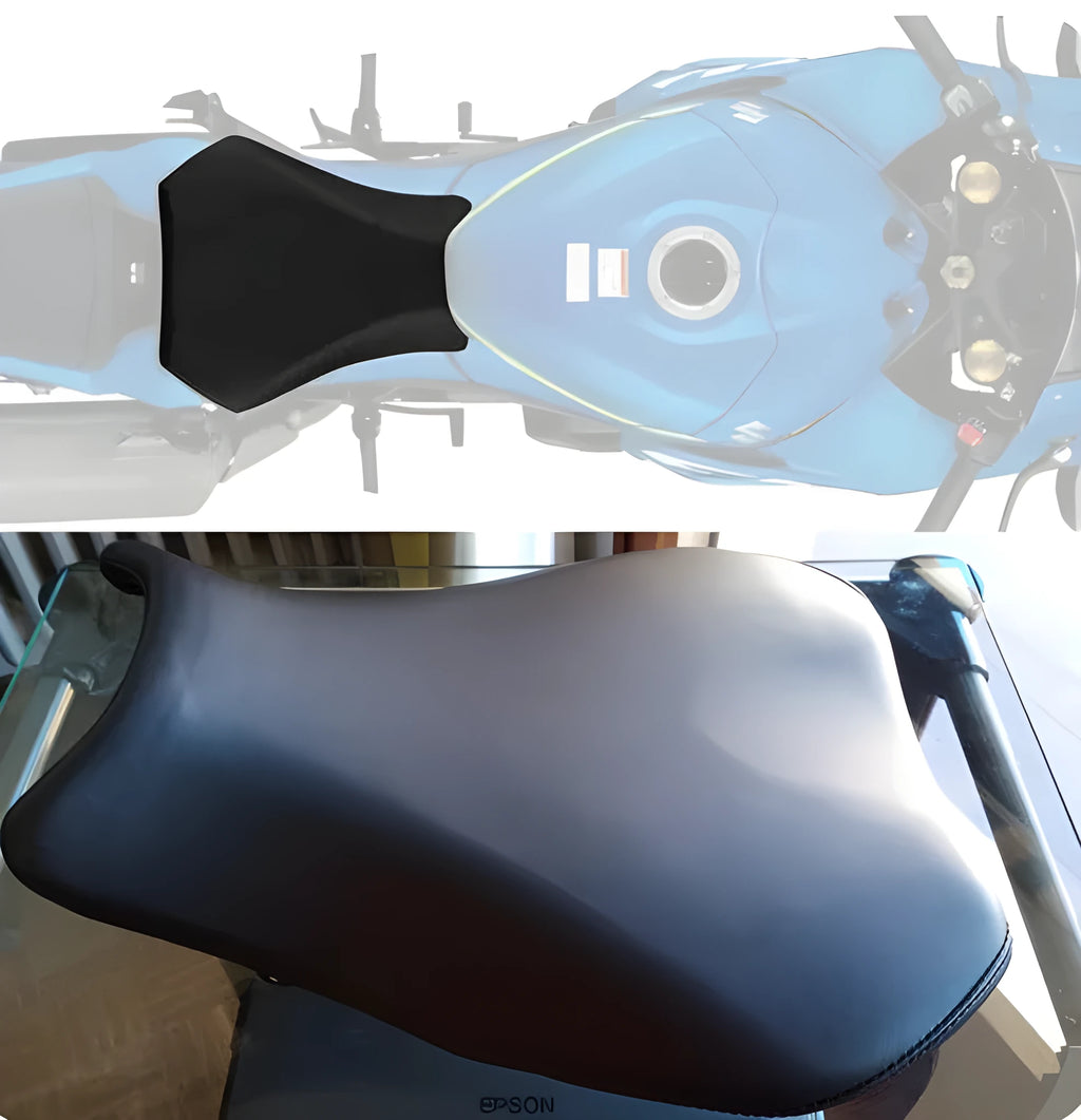 Black PU leather motorcycle seat cover fitted on a Suzuki GSXR1000, showing front and rear protection.
