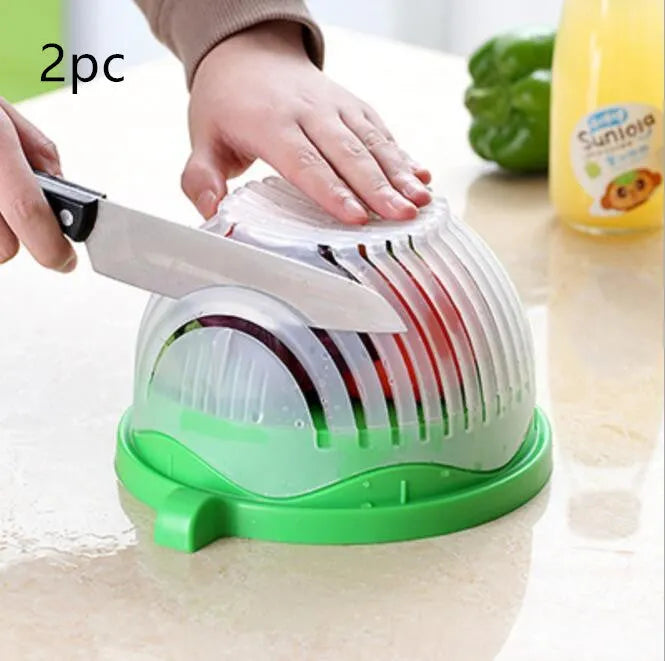 Blue salad cutter bowl with chopper lid and serving plate base for vegetable preparation