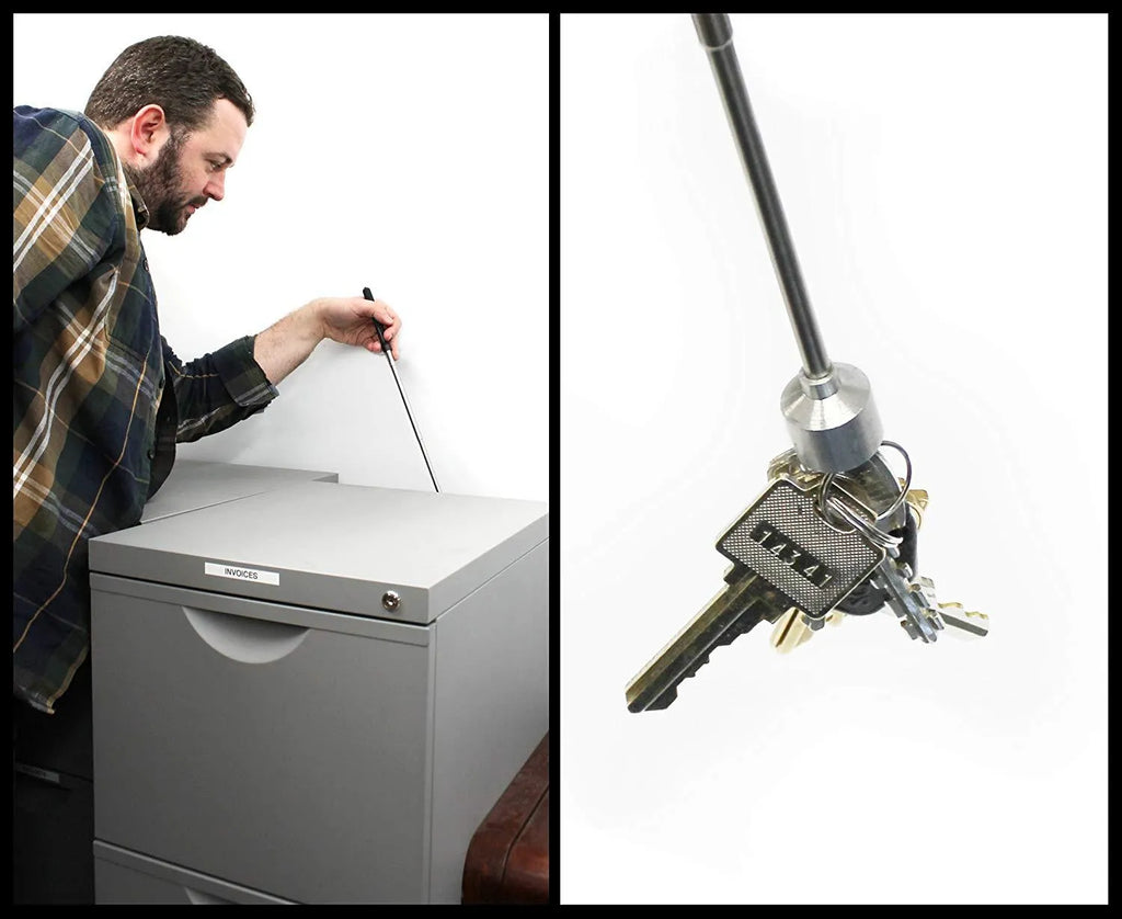 Stainless steel retractable magnetic pickup tool extended to 53cm on a workshop bench