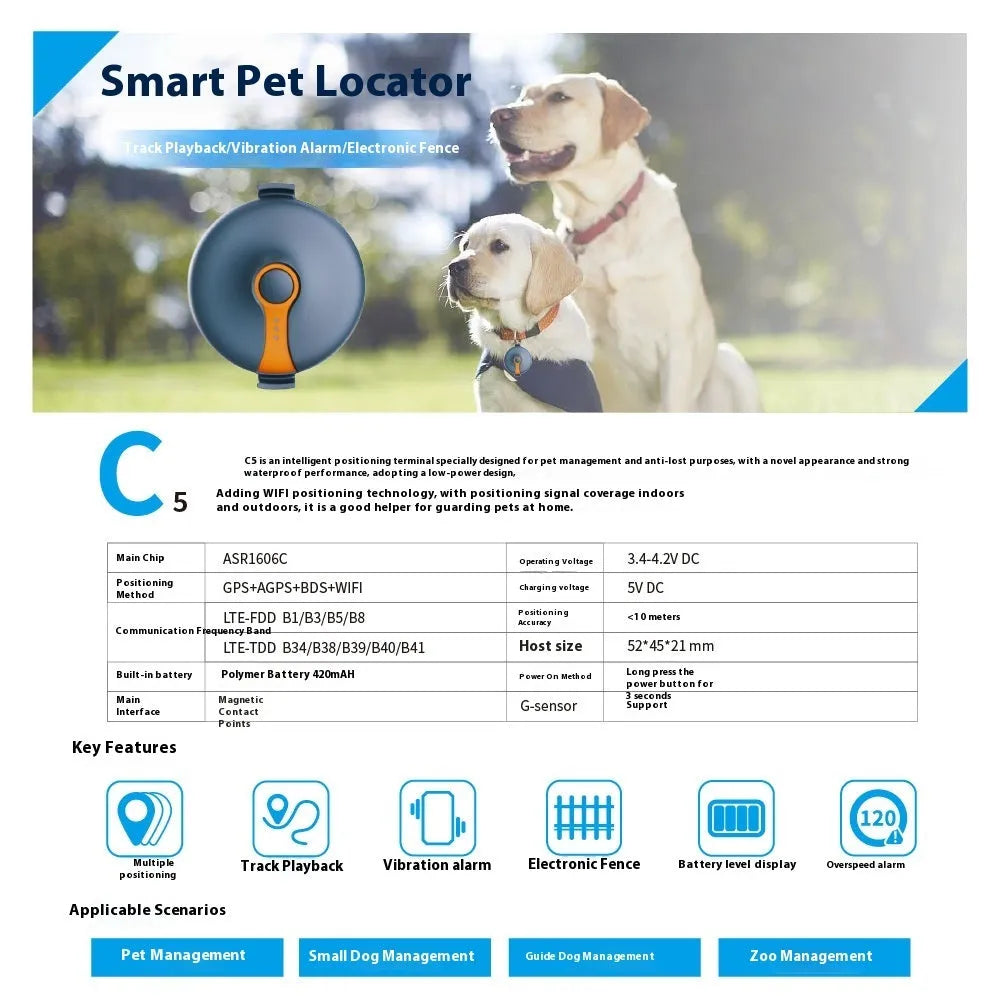 GPS pet tracker with ABS shell, 52x45x21mm size, 4G Netcom and Beidou locating for cats and dogs
