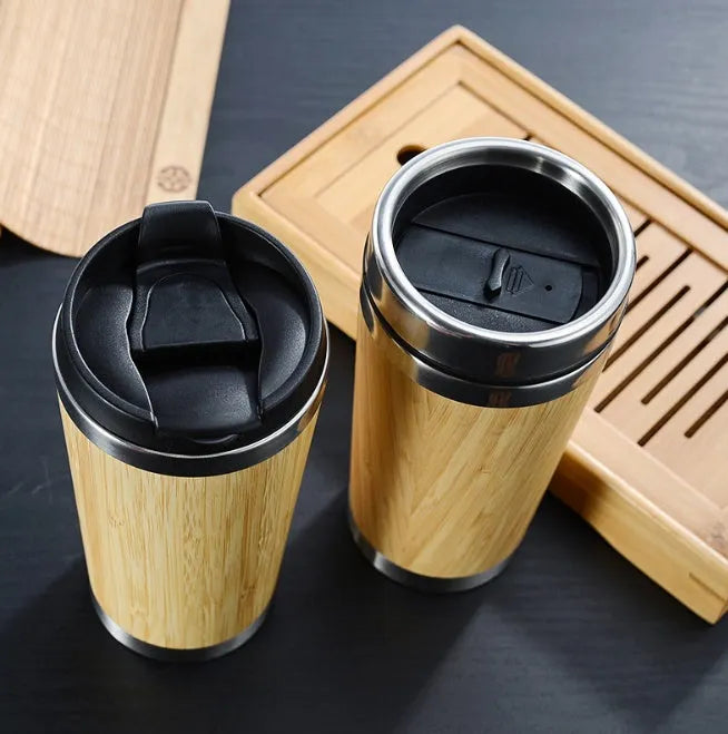 Bamboo insulated coffee cup with leak-proof lid and anti-slip foam pad