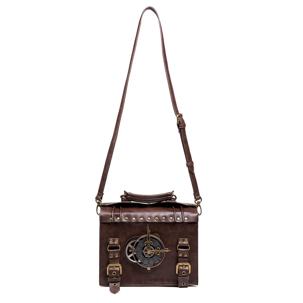 Bronze steampunk industrial retro style shoulder bag with pillow shape and metal hardware
