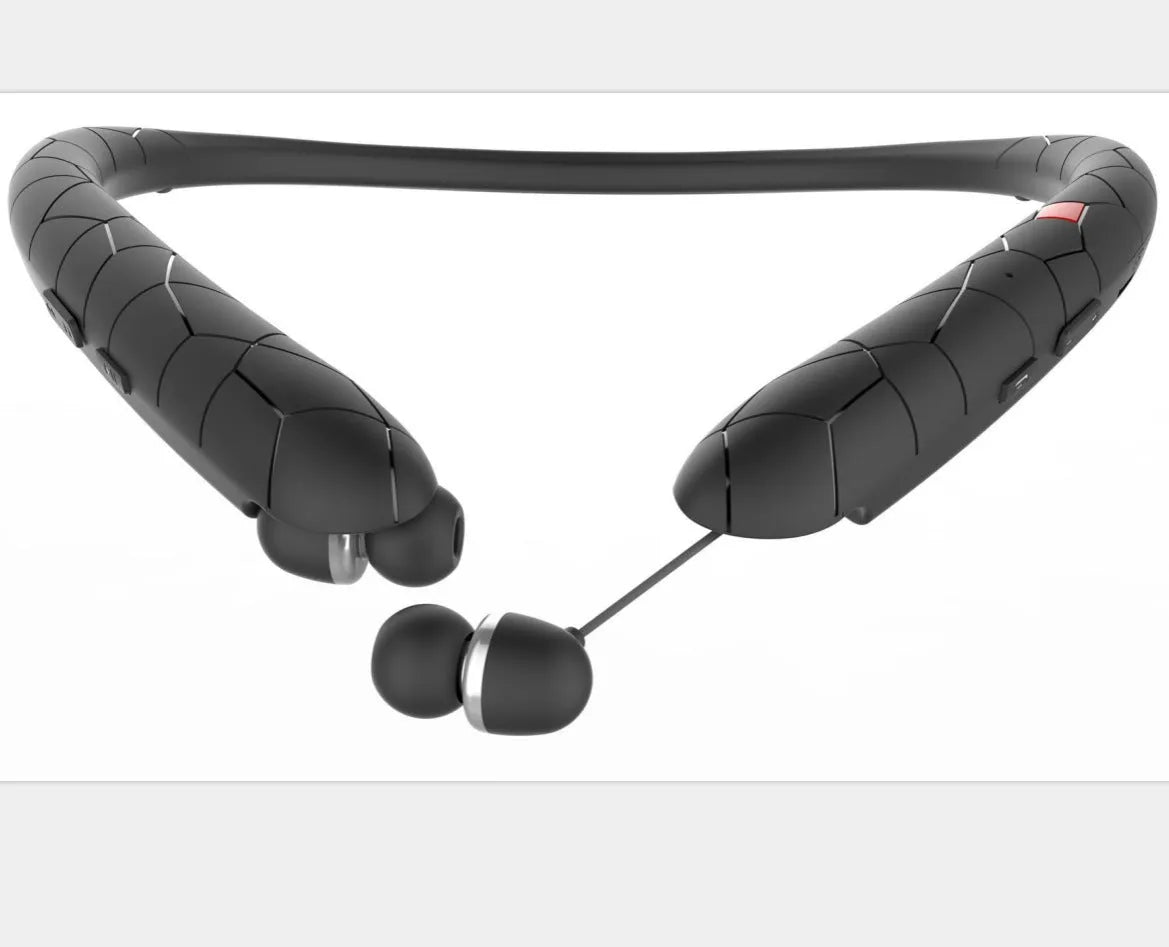Bluetooth neckband headphones in black with retractable wires, 10mm driver, and CVC6.0 noise cancellation for sports