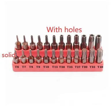 Black screwdriver bit set with magnetic tip showing T6 to T40 sizes on display