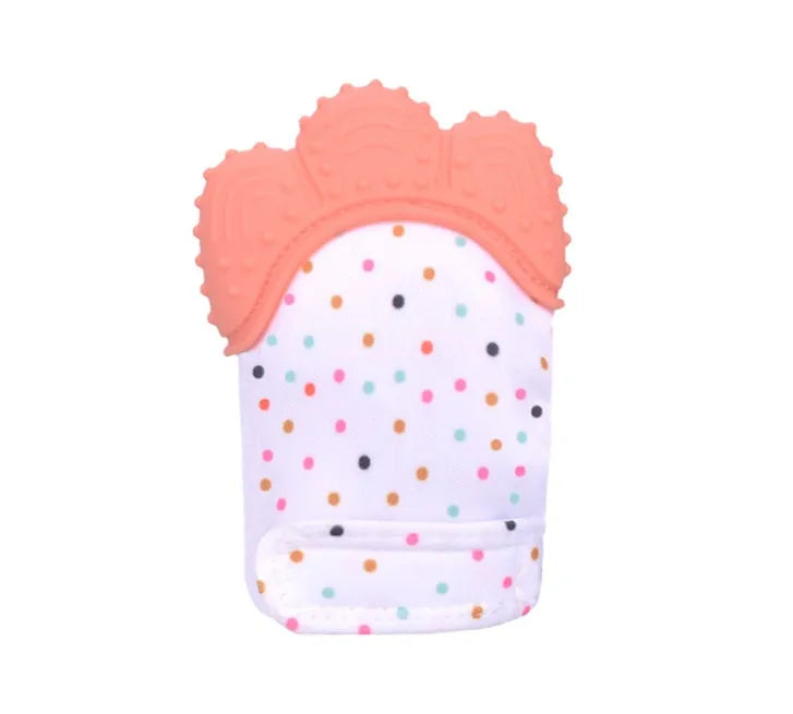 Baby silicone teething glove with Velcro strap in a smiley face yellow design.