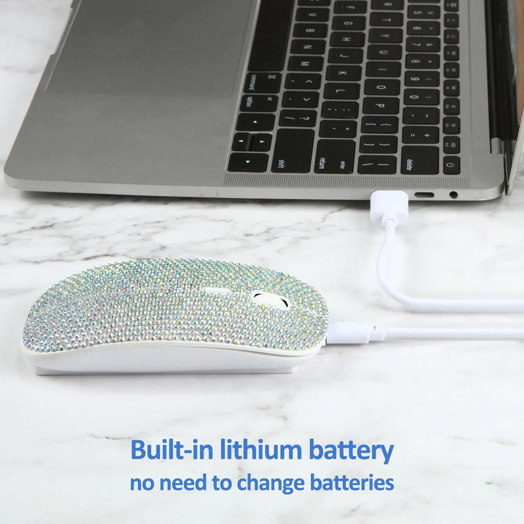 White wireless optical mouse with 2.4G connectivity, 4 keys, and rechargeable 450mAh battery on a desk