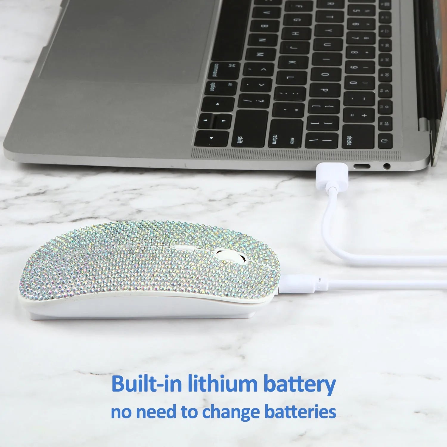 White wireless optical mouse with 2.4G connectivity, 4 keys, and rechargeable 450mAh battery on a desk