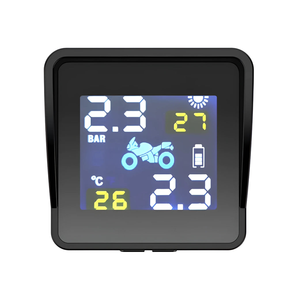 Solar digital tyre pressure monitor for motorcycles, PC material, black, with digital display