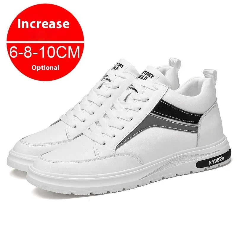 Men's black and white casual sneakers with height-increasing insoles and lace-up design