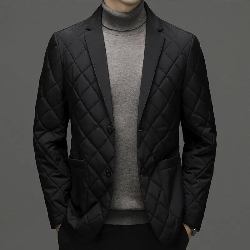 Men's solid colour thick down winter jacket with lapel and side pockets