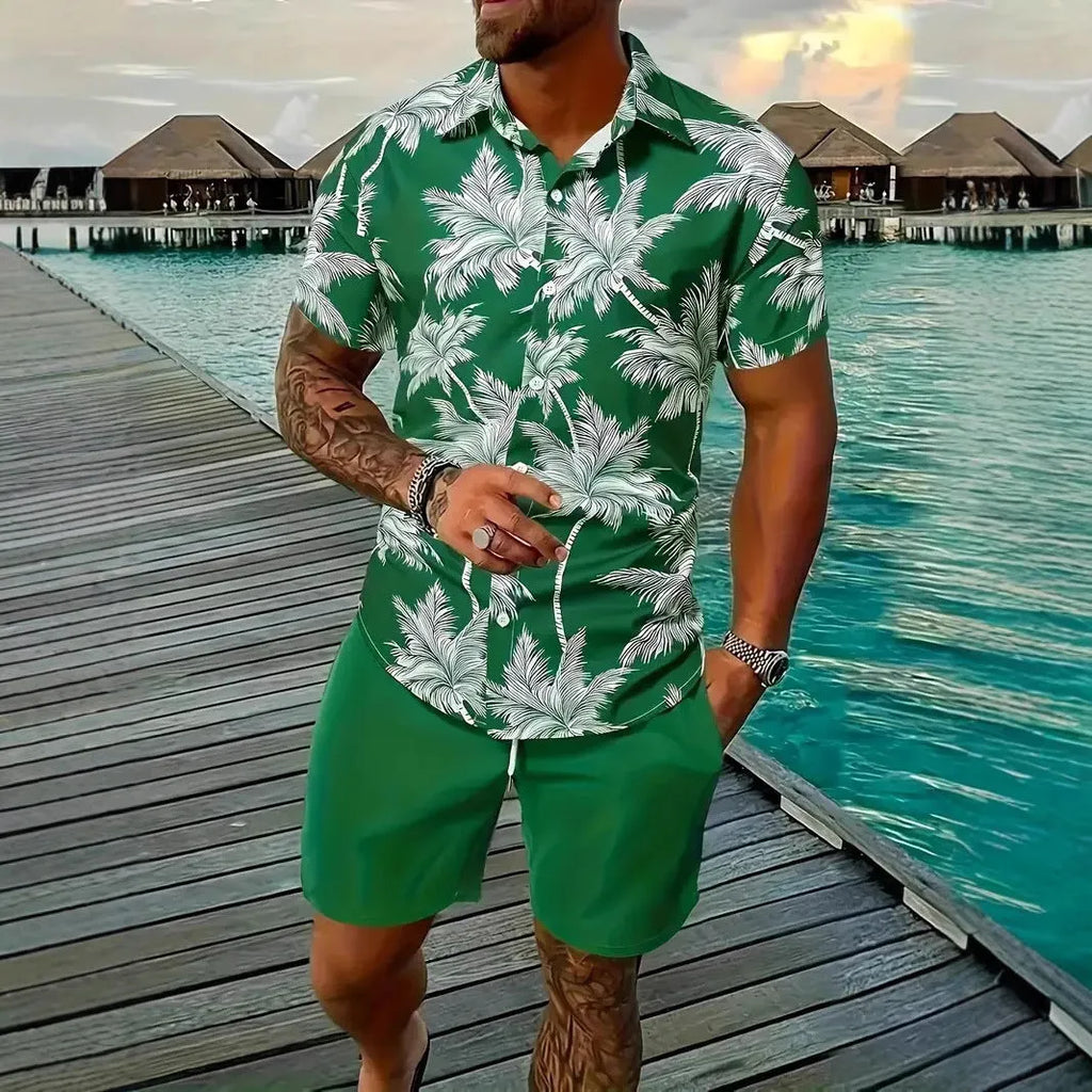 Man wearing a 3D printed Hawaiian short sleeve shirt with matching casual shorts.