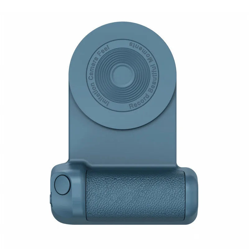 Black multifunctional phone camera holder with magnetic suction and rotatable stand on a table.