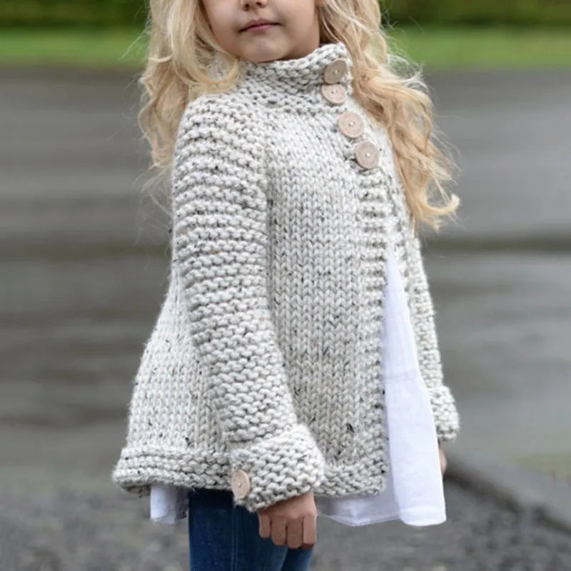 Beige girls cardigan sweater coat with long sleeves and single-breasted front