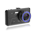 Black touch screen car driving recorder with front and rear cameras mounted in vehicle