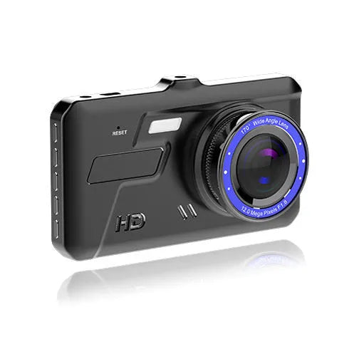 Black touch screen car driving recorder with front and rear cameras mounted in vehicle