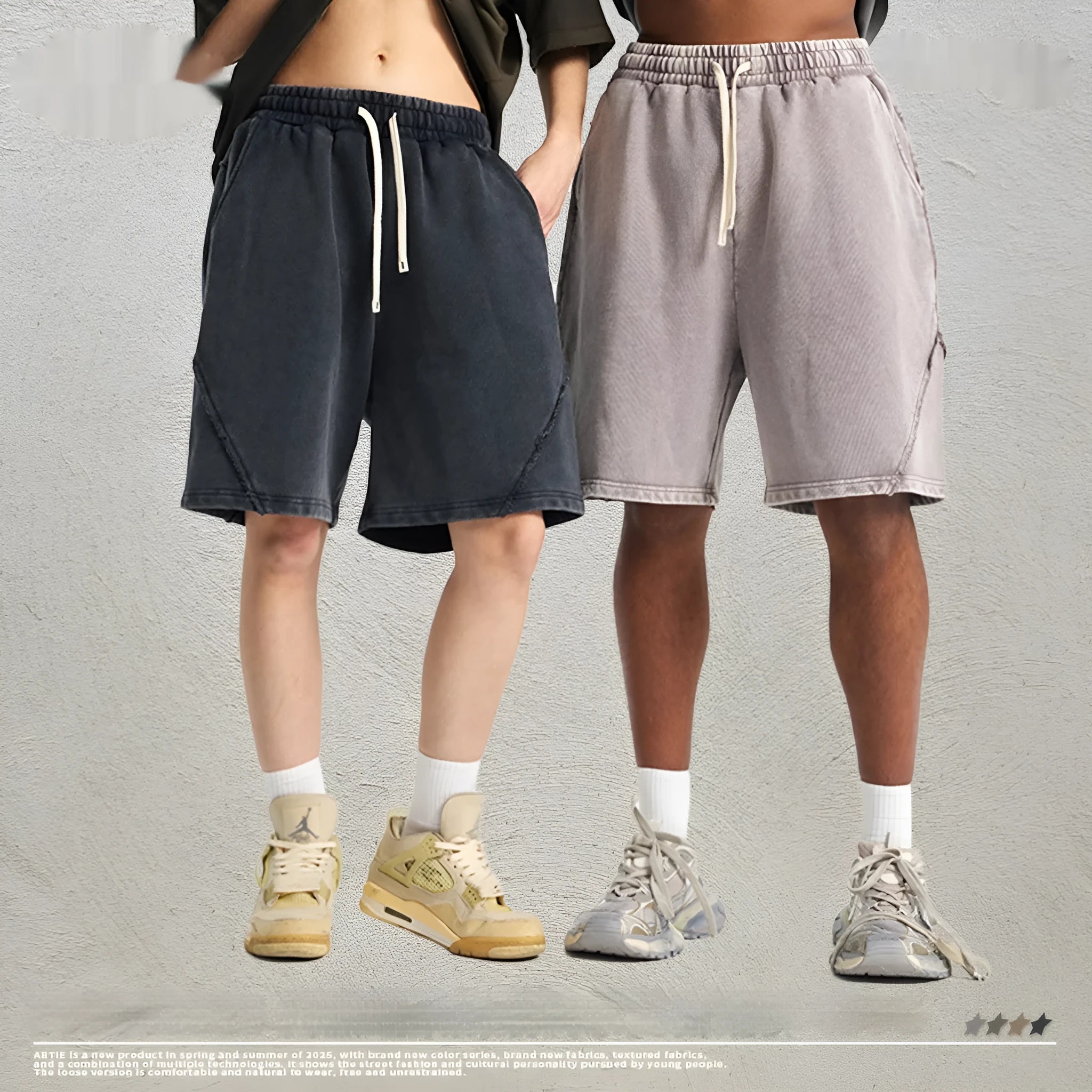 Men's batik washed cotton terry shorts in loose fit street fashion style