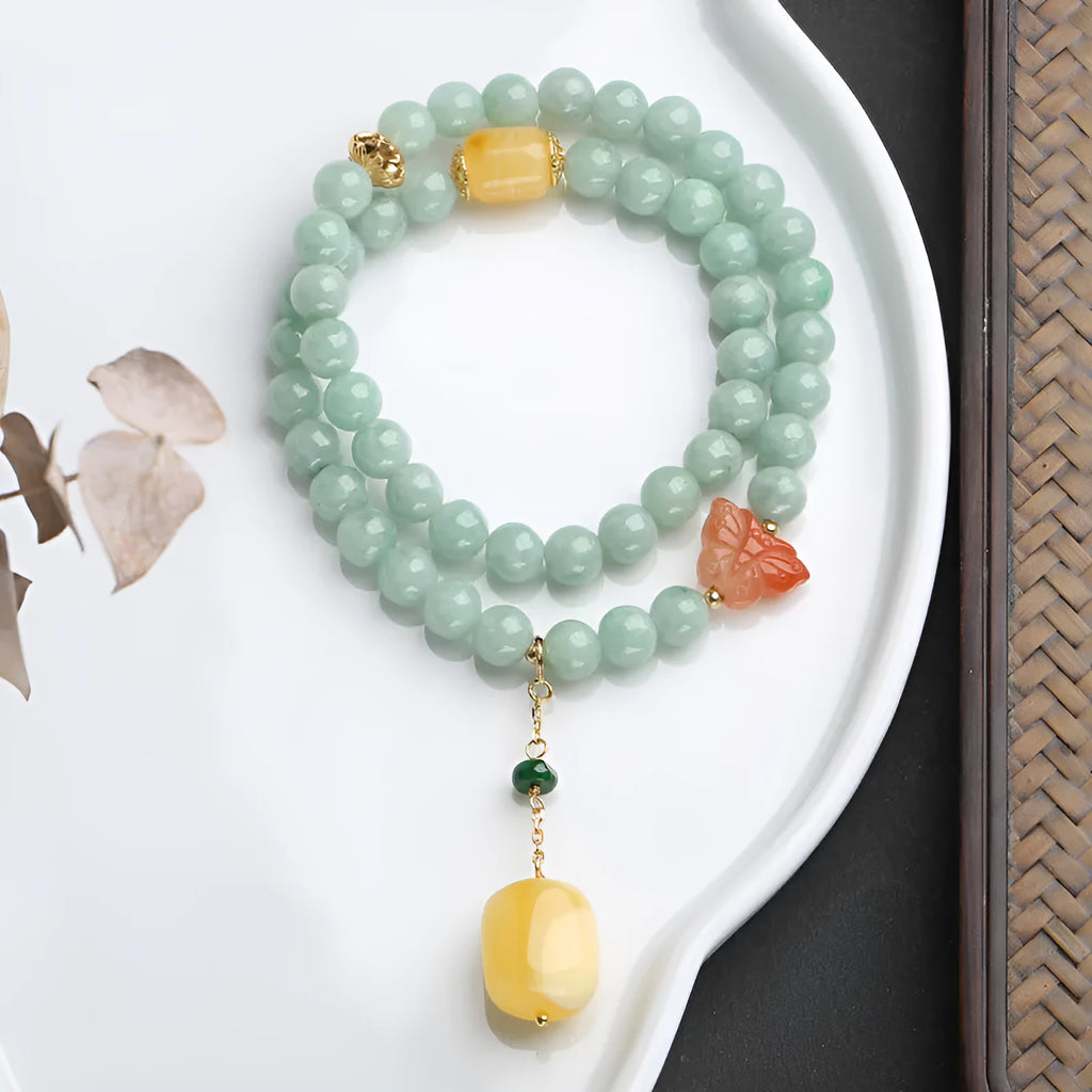 Double-layer women's bracelet with jade round beads and beeswax barrel beads in geometric retro design