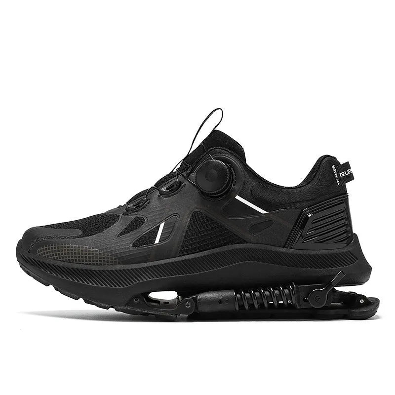 Black unisex running shoes with mesh upper, buckle fastening, and a textured rubber EVA sole.